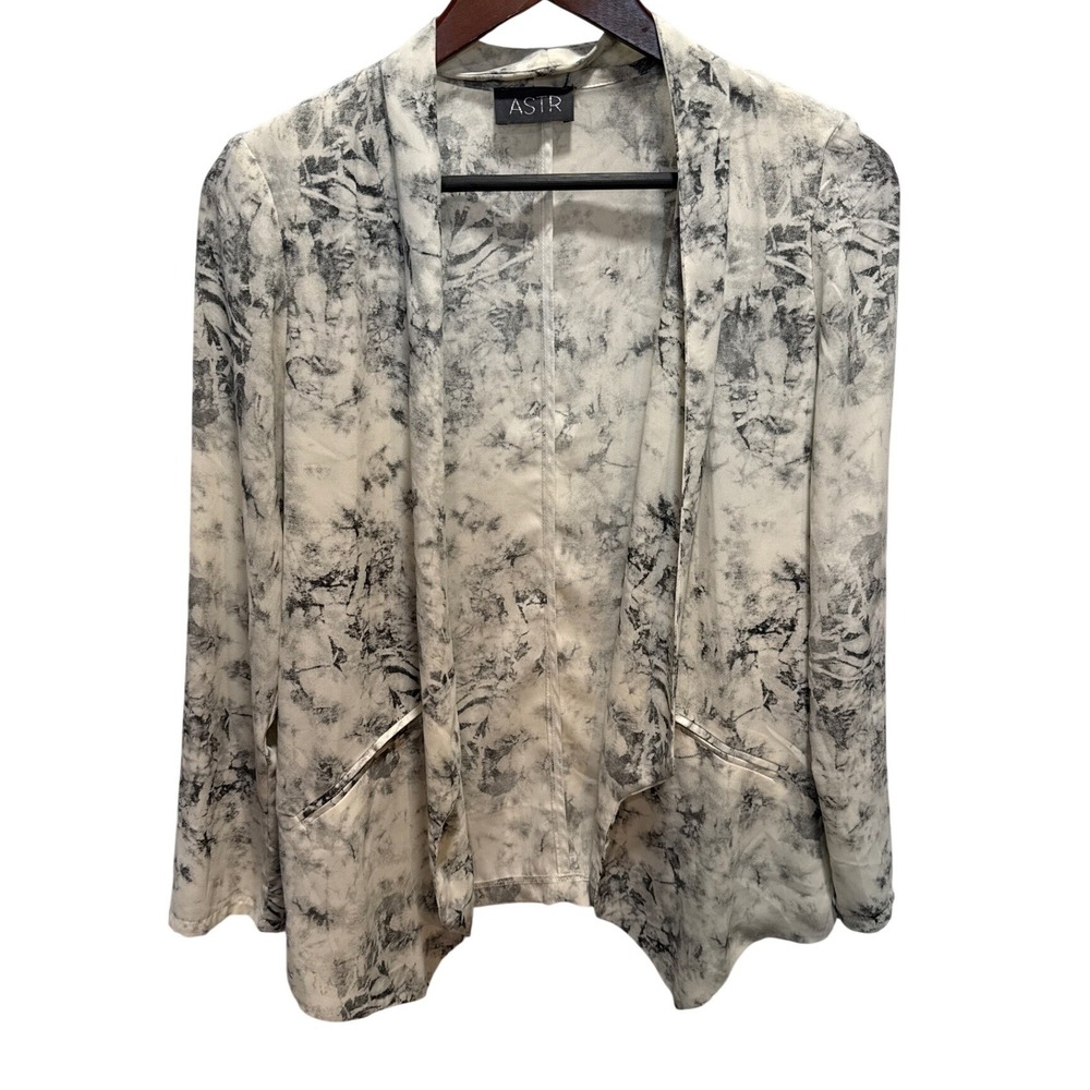 ASTR the Label Womens Black White Abstract Marble Open Front Blazer
